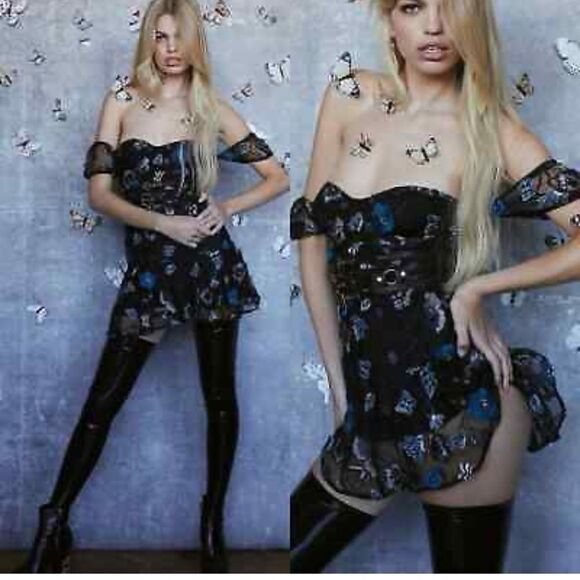 For Love & Lemons Black Embroidered Sequin BOTANIC Micro Mini Fit Flare Dress S - Picture 16 of 16